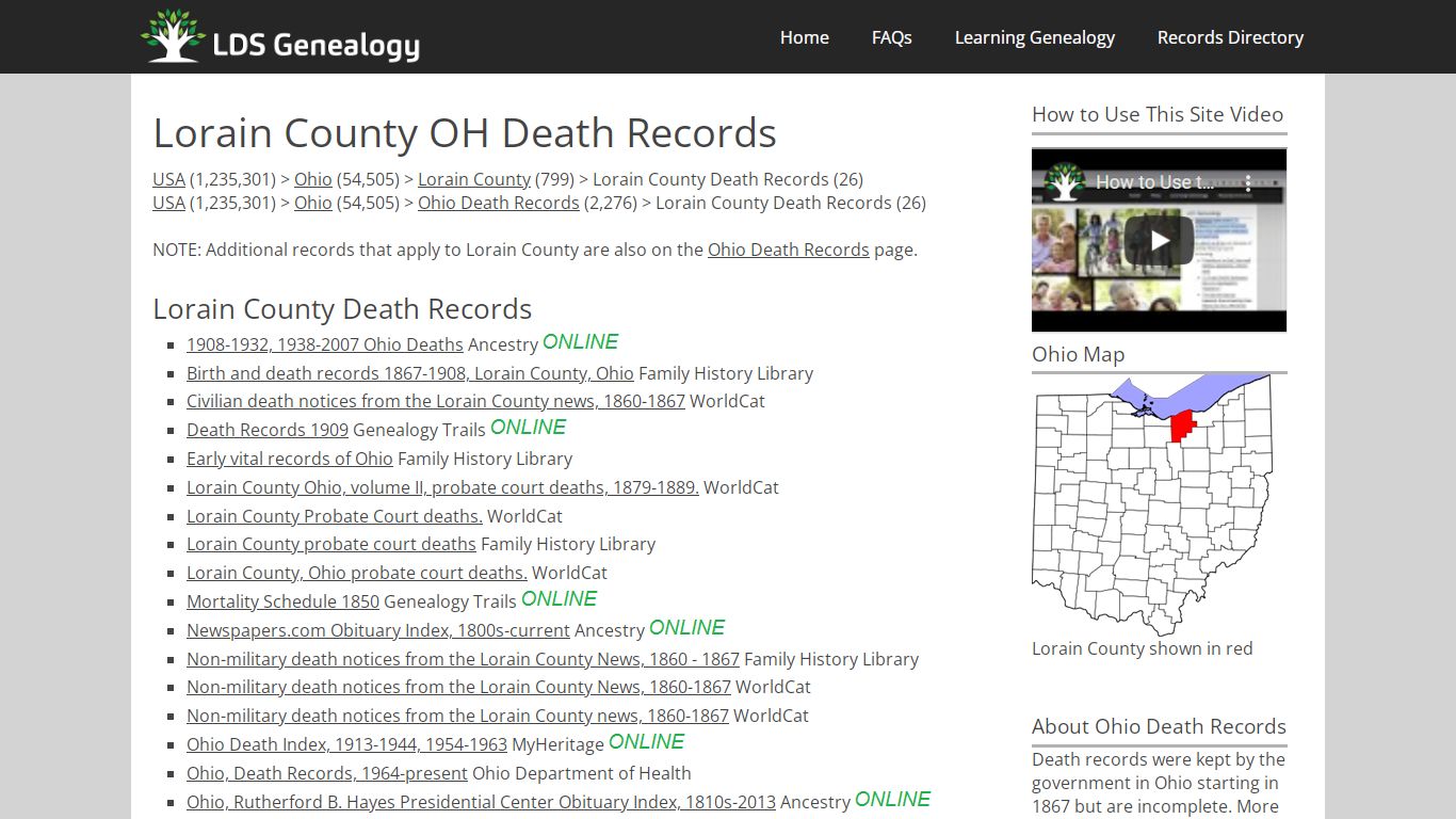 Lorain County OH Death Records - LDS Genealogy