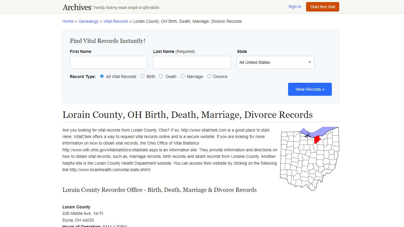 Lorain County, OH Birth, Death, Marriage, Divorce Records